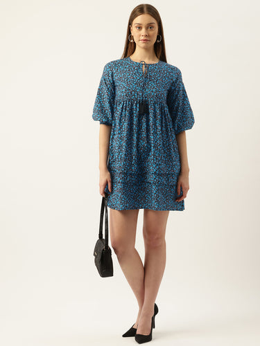 Ditsy Floral Printed Tie-Up Neck Gathered Mini Dress